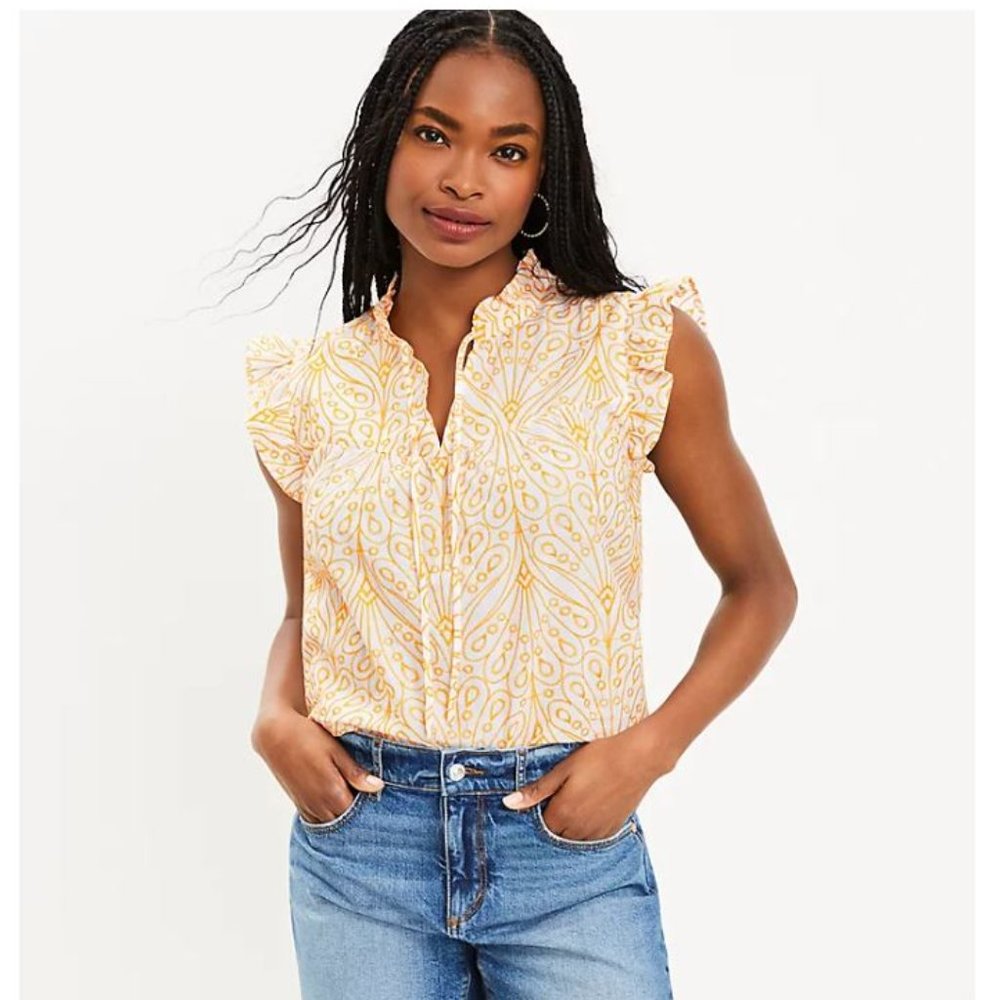 NWT - Eyelet Ruffle Tie Neck Top